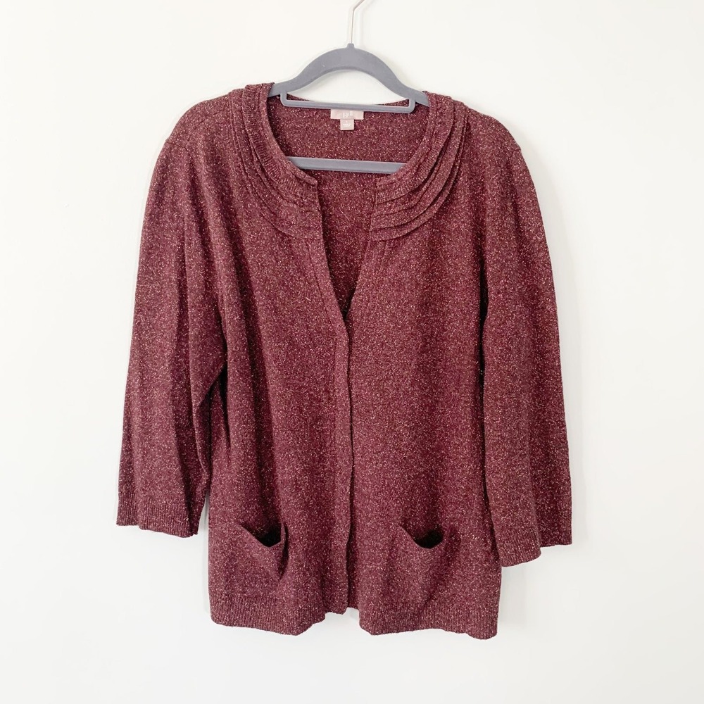 J. Jill‎ Cardigan Women Large Dark Red Marled Wool Silk Blend Pleated Neck